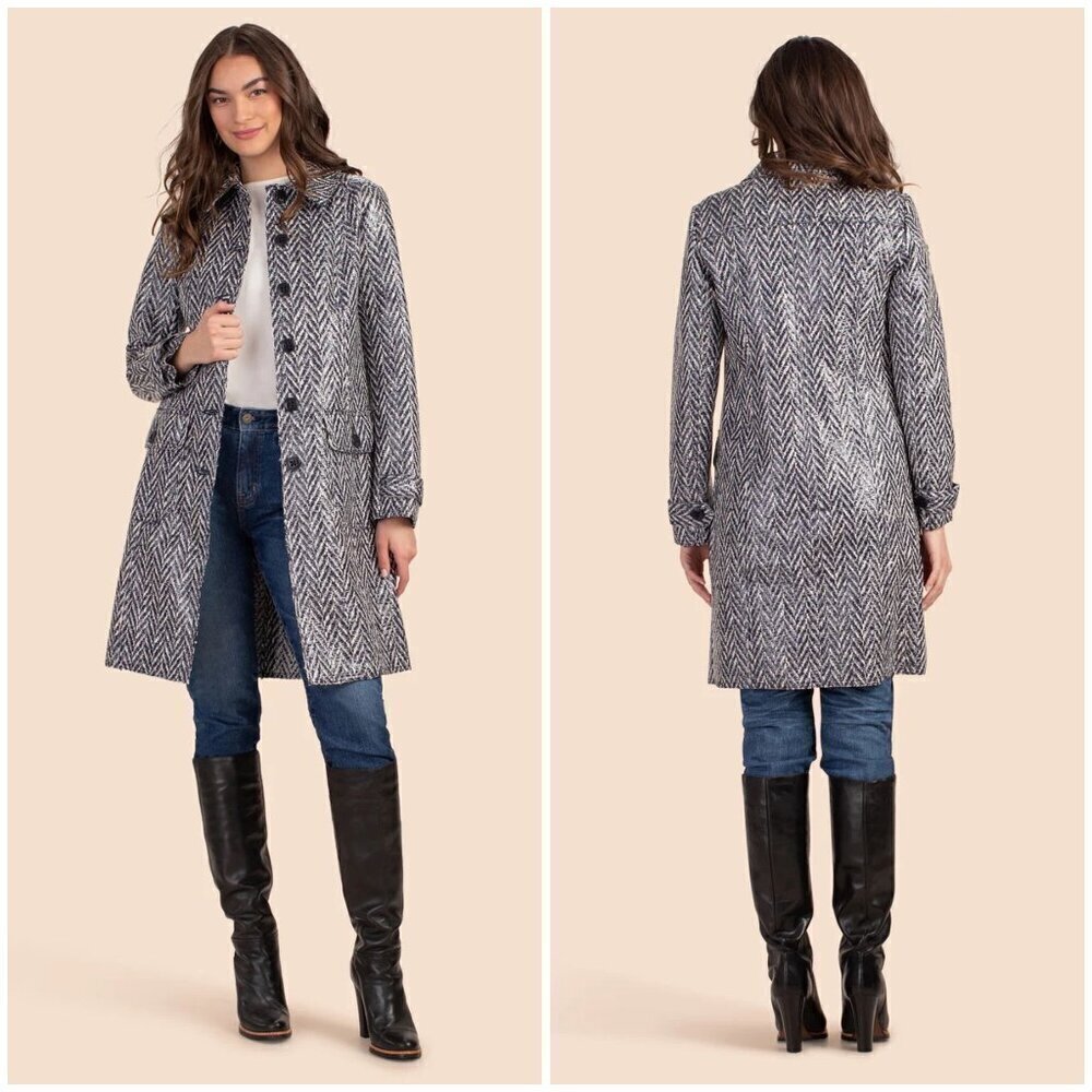 Trina Turk Denali Coat ~ Indigo Chevron Print With Clear Laminate 14 Nwt